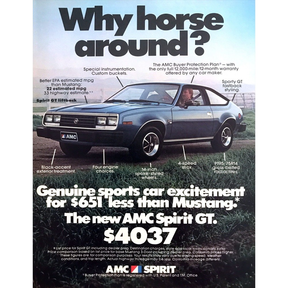 1979 AMC Spirit GT Coupe photo Why Horse Around with a Mustang? vintage print ad
